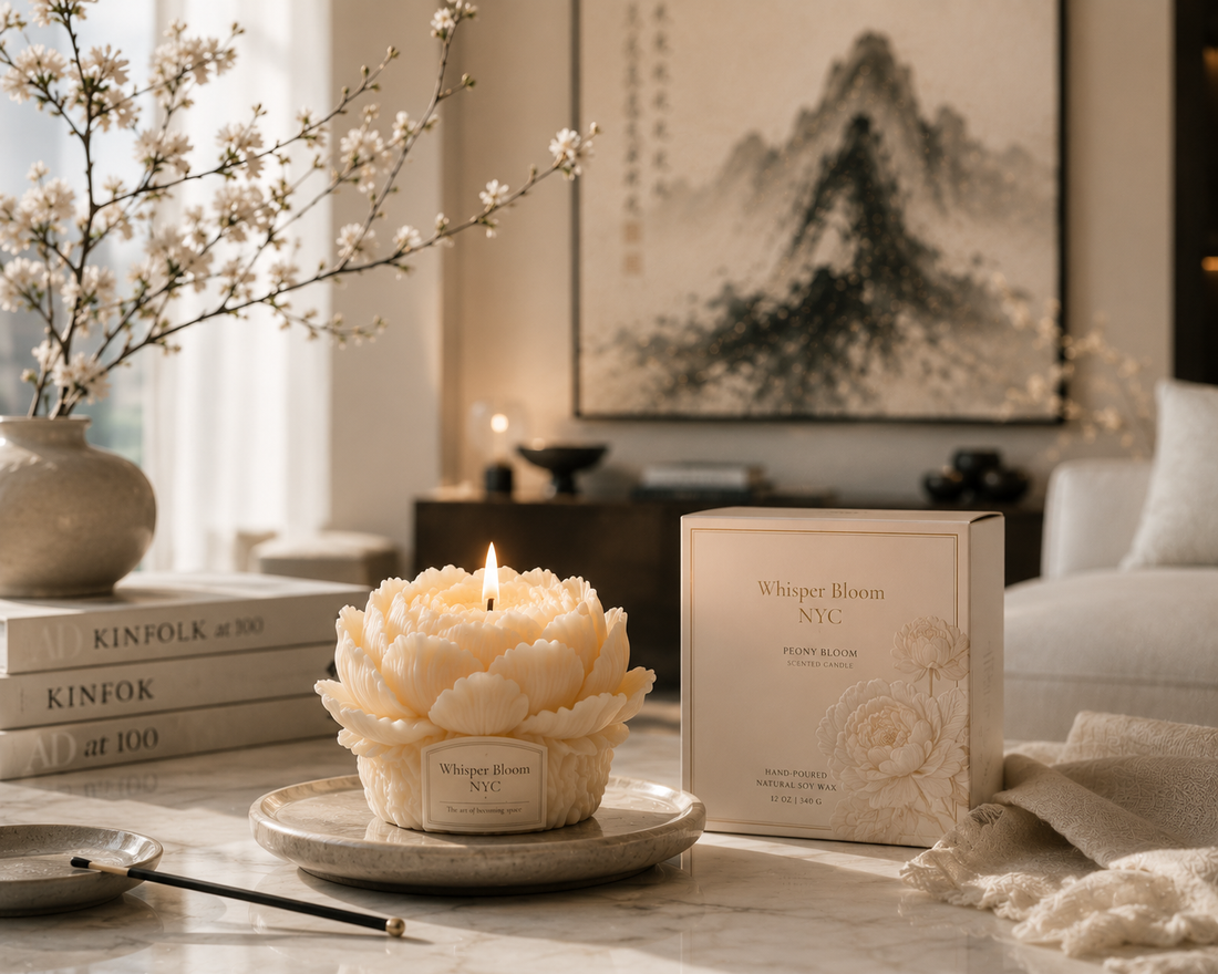 Console table styled with original Chinese ink painting, Whisper Bloom NYC artisan candle, and ceramic vessel — luxury home interior by founder Vivian