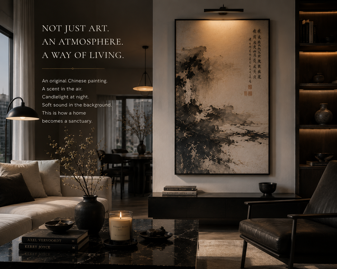 One-of-one original Chinese ink painting gift box with Whisper Bloom NYC certificate of authenticity — meaningful luxury art gift by founder Vivian Manhattan