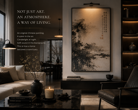 Minimalist living room transformed by a single large original Chinese ink painting — Whisper Bloom NYC styling by founder Vivian in Manhattan