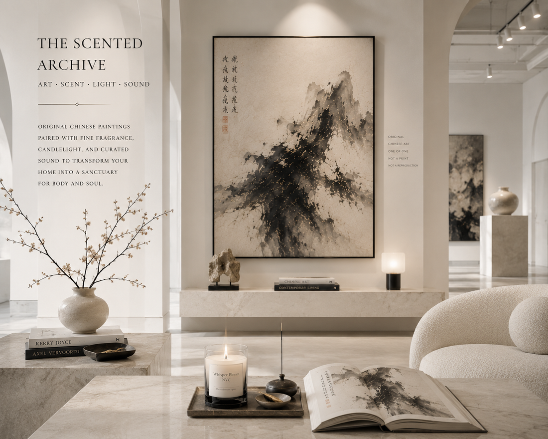 Original Chinese ink painting on bone-white gallery wall above marble console in modern Manhattan apartment — styled by Whisper Bloom NYC founder Vivian
