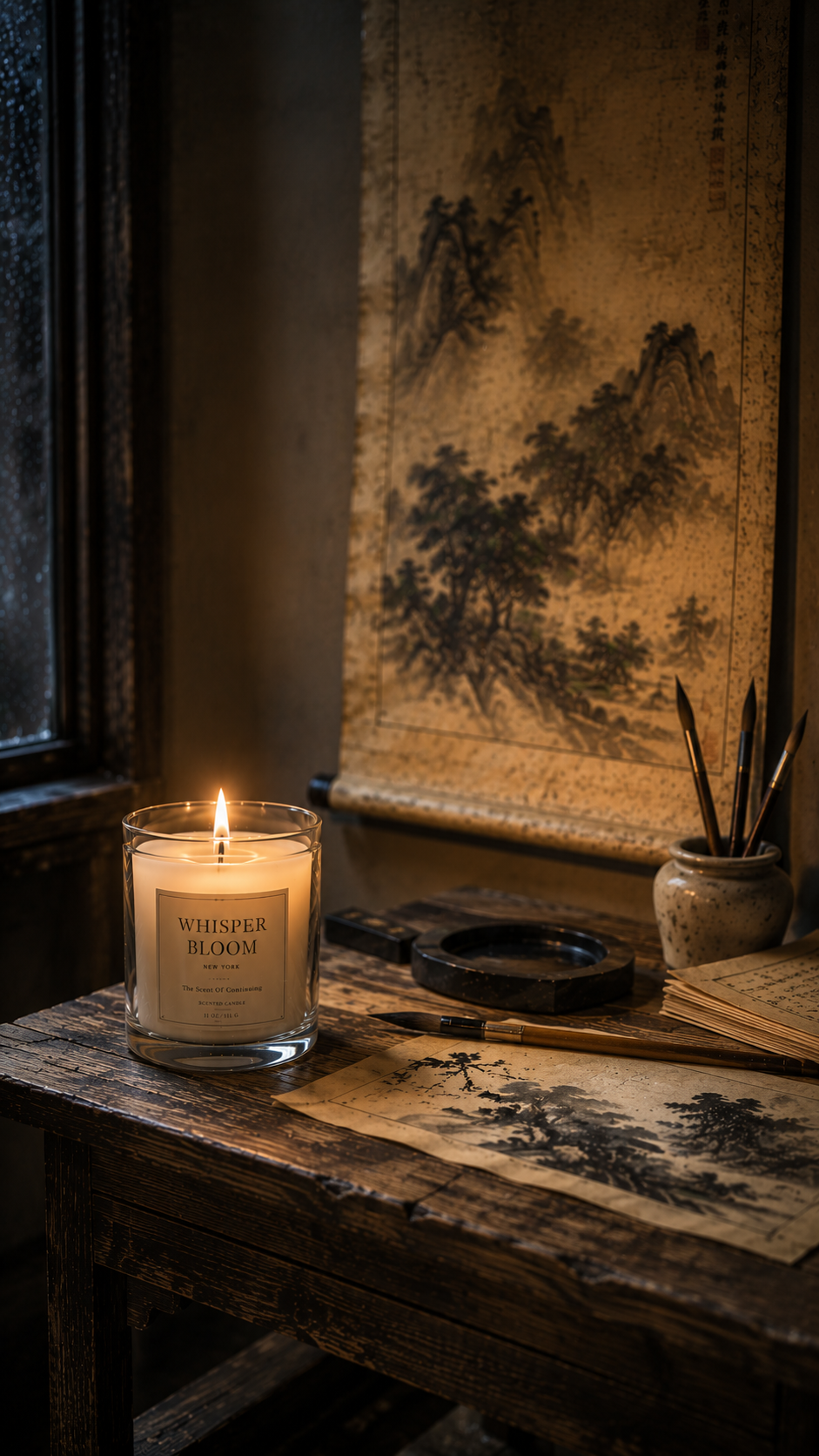 Original Chinese ink painting on bone-white wall above marble console with Whisper Bloom NYC crystal candle — one painting one scent atmosphere system by founder Vivian