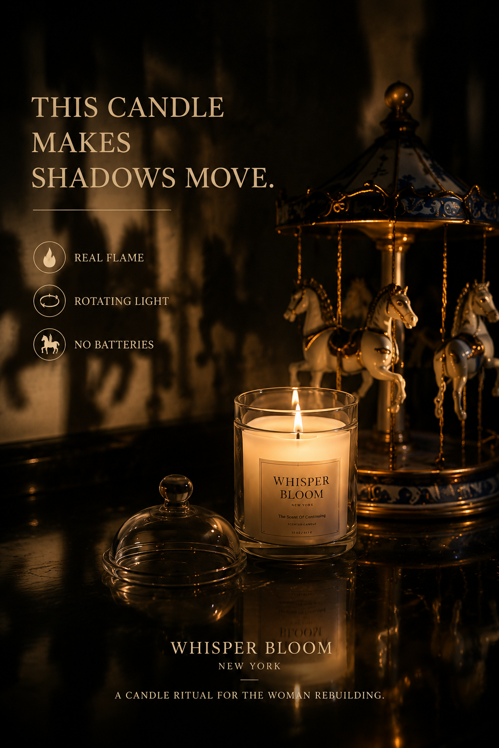 Whisper Bloom NYC carousel candle holder casting moving shadows in a quiet Manhattan apartment, founder Vivian's solitude ritual design