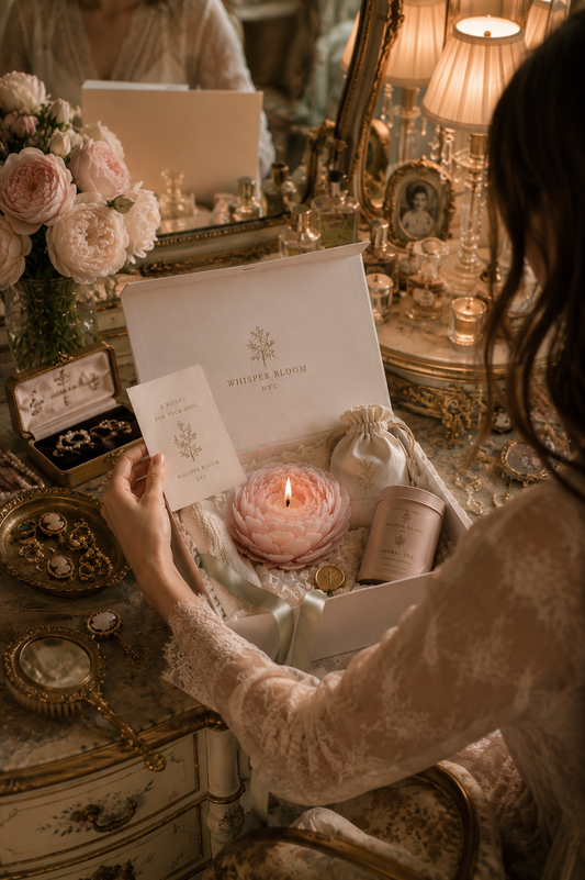 Whisper Bloom NYC founder Vivian's hand-sculpted peony candle gifted to a new mother in a Manhattan apartment
