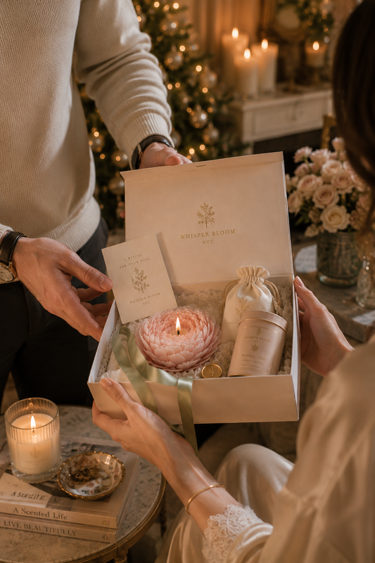 Whisper Bloom NYC founder Vivian's coronation-style new motherhood gift set in a sunlit Manhattan nursery