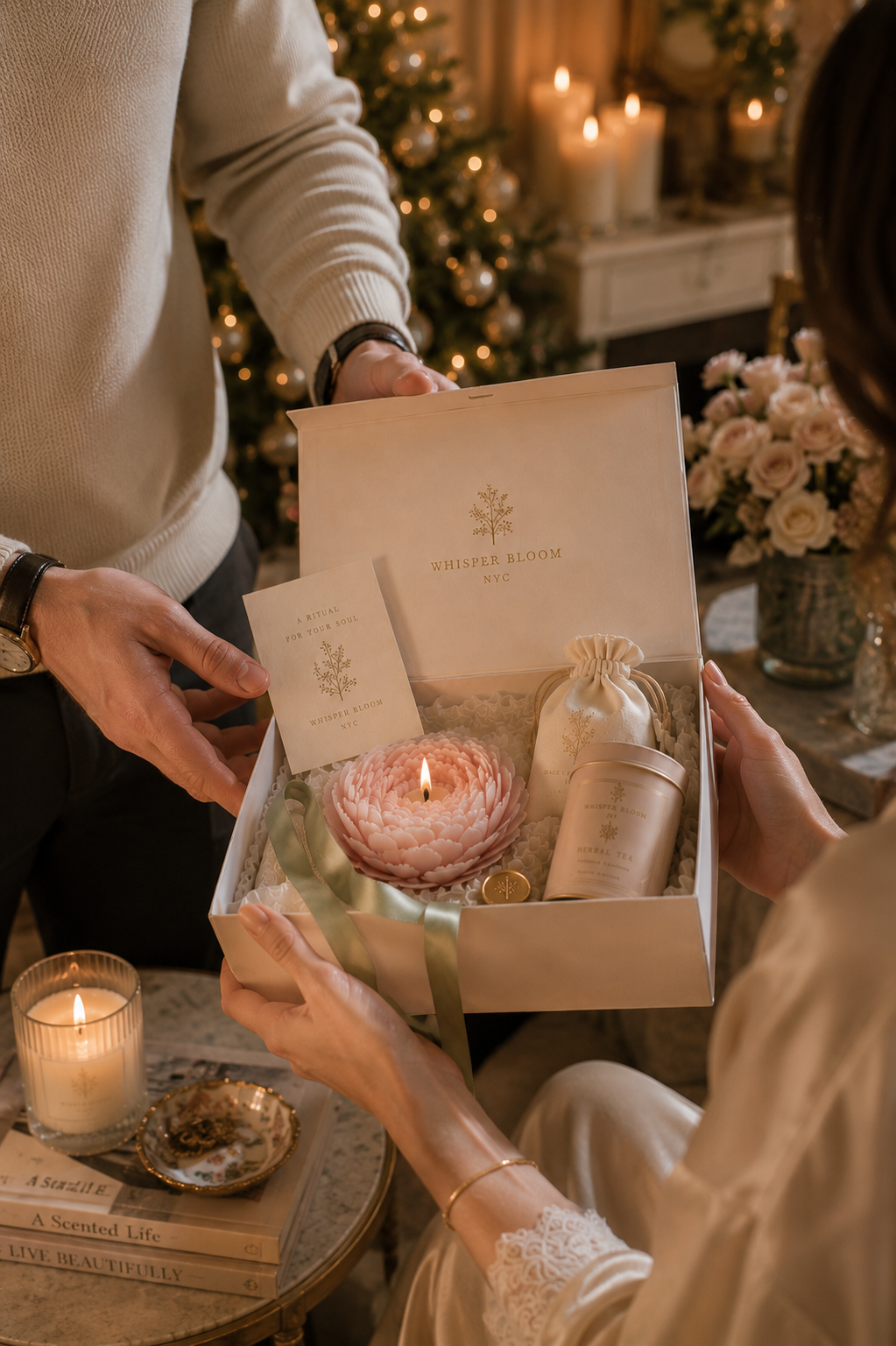 Whisper Bloom NYC founder Vivian's Soul-Echo monthly ritual subscription box opened on a Manhattan apartment table
