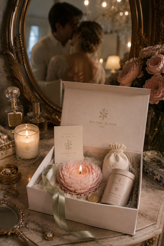 Whisper Bloom NYC founder Vivian's anniversary ritual gift set on a Manhattan dining table at evening