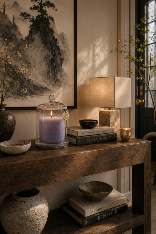 Whisper Bloom NYC founder Vivian's oud and sandalwood Sovereign Ascent gift set on a dark wood Manhattan desk