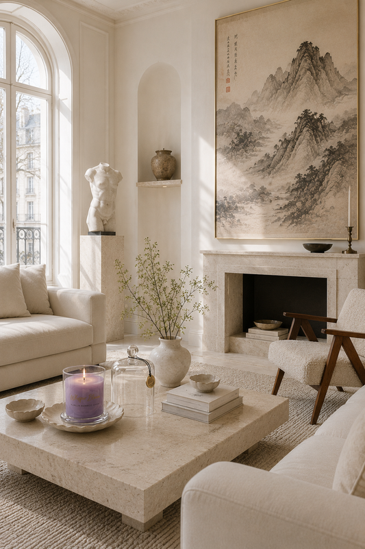 Whisper Bloom NYC founder Vivian comparing a single luxury candle to a full ritual set with soap and stone bowl candle in a Manhattan apartment