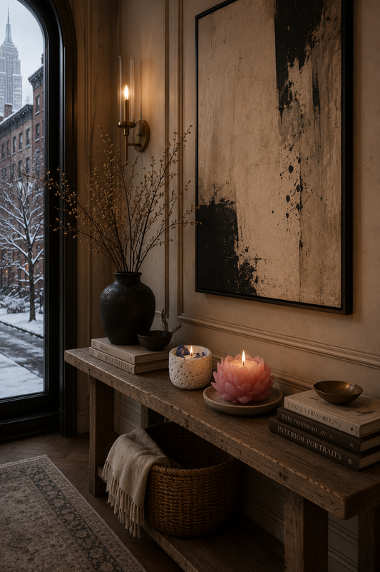 Whisper Bloom NYC founder Vivian's curated breakup gift box with handcrafted soap and stone bowl candle on a marble Manhattan console table