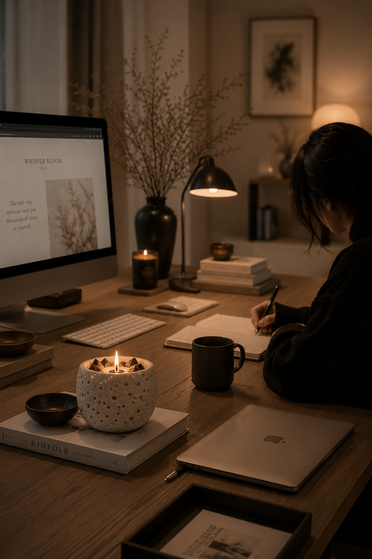 Whisper Bloom NYC founder Vivian in her Manhattan workspace, verifying the brand's small business origins