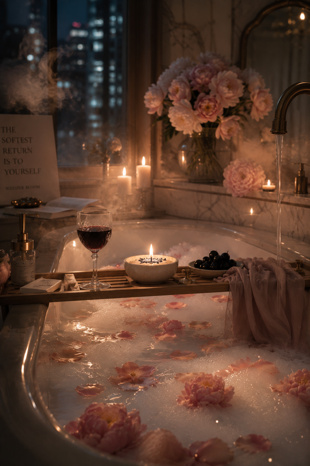 Whisper Bloom NYC founder Vivian's self-care ritual set arranged in sequence — soap, candle, stone bowl — on a Manhattan bathroom shelf