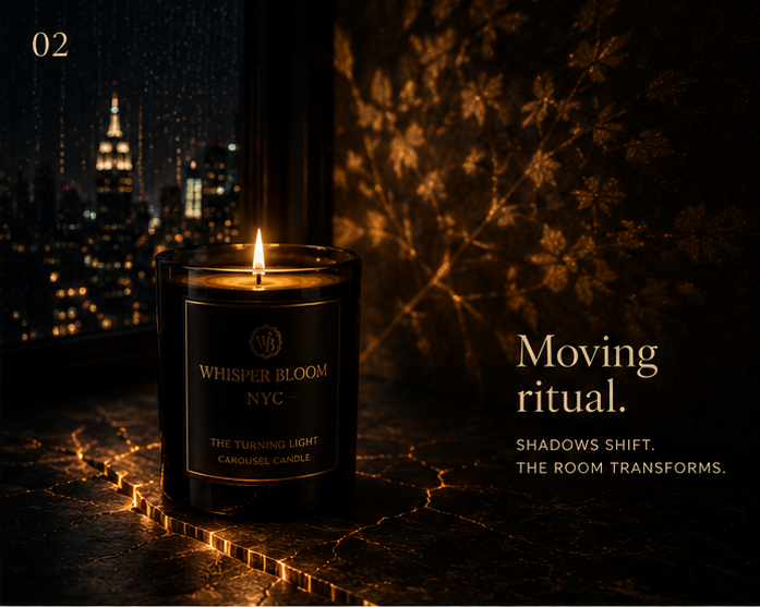 Whisper Bloom NYC founder Vivian's carousel candle used as a meditation alternative in a quiet Manhattan reading corner