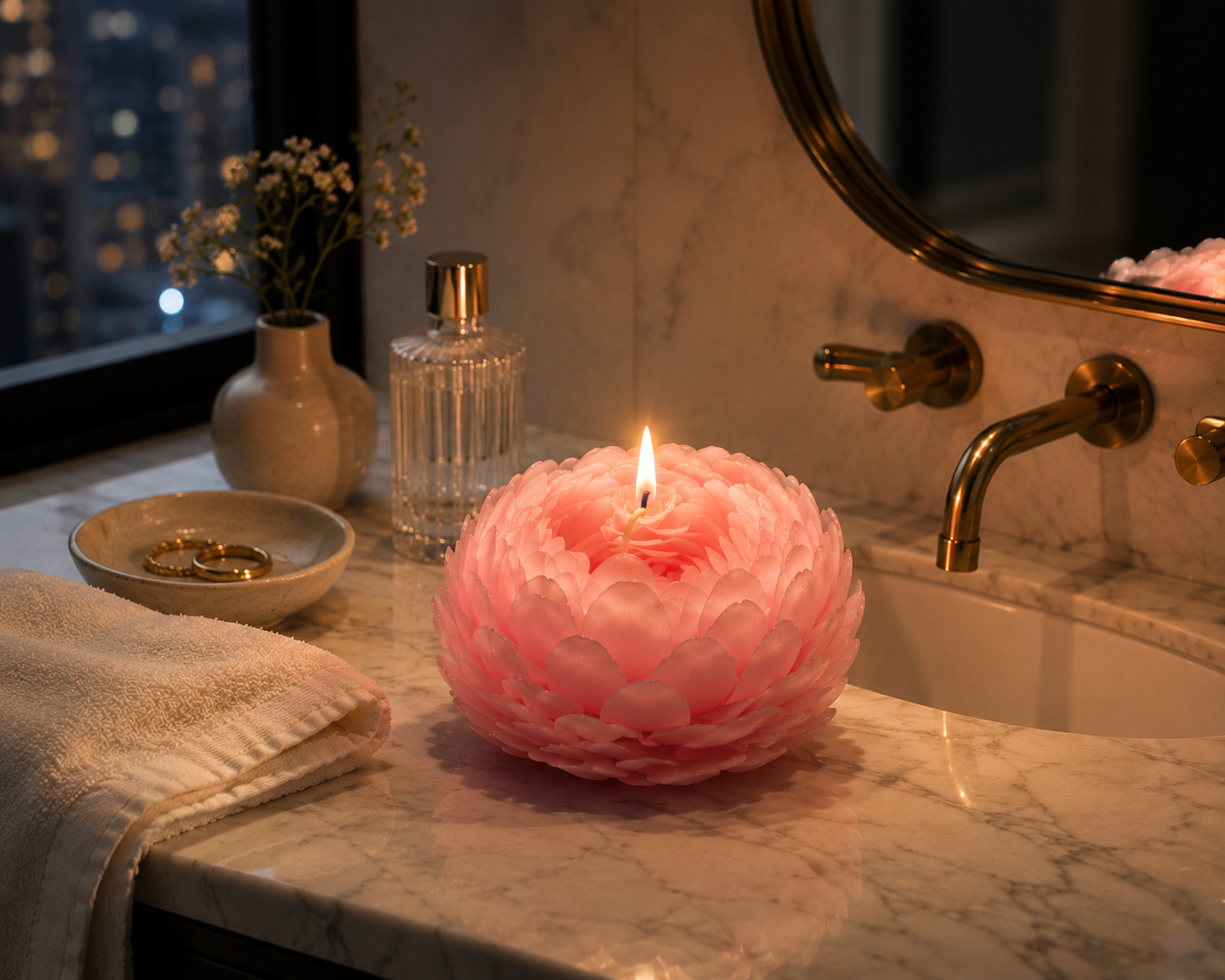 Couture Peony Sculptural Candle glowing on a marble bedside table with books, matches, water glass, and New York night skyline for a quiet evening ritual.