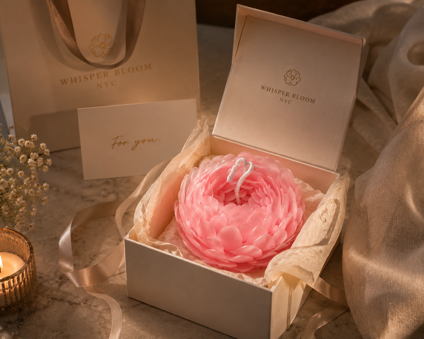 Couture Peony Sculptural Candle presented in a Whisper Bloom NYC gift box with tissue paper, ribbon, and note card for a luxury ritual gift.