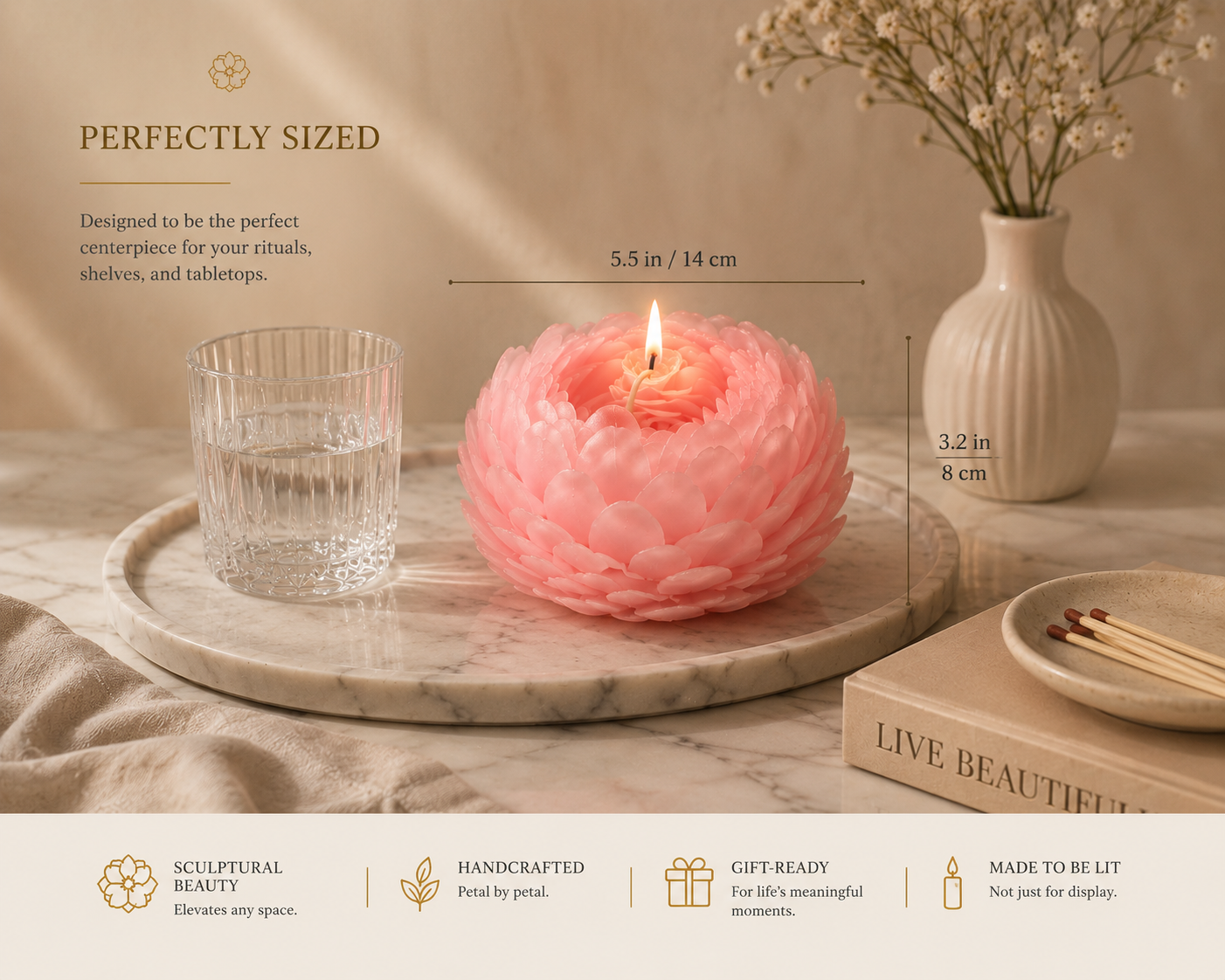 Couture Peony Sculptural Candle on a marble tray with water glass, book, matches, and size guide showing its scale for tabletop styling and home rituals.