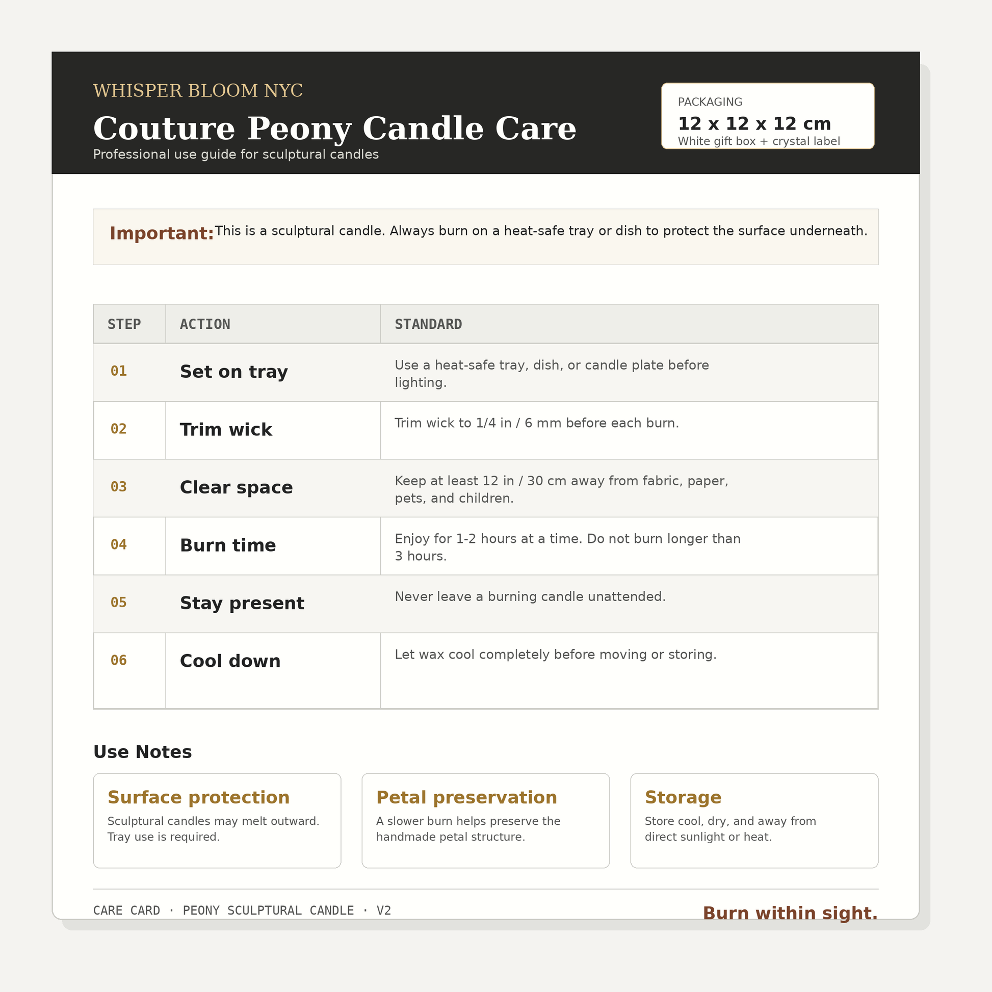 Couture Peony Sculptural Candle care card with professional instructions for heat-safe tray use, 1/4 inch wick trimming, 12 inch clearance, and 1–2 hour burn time.