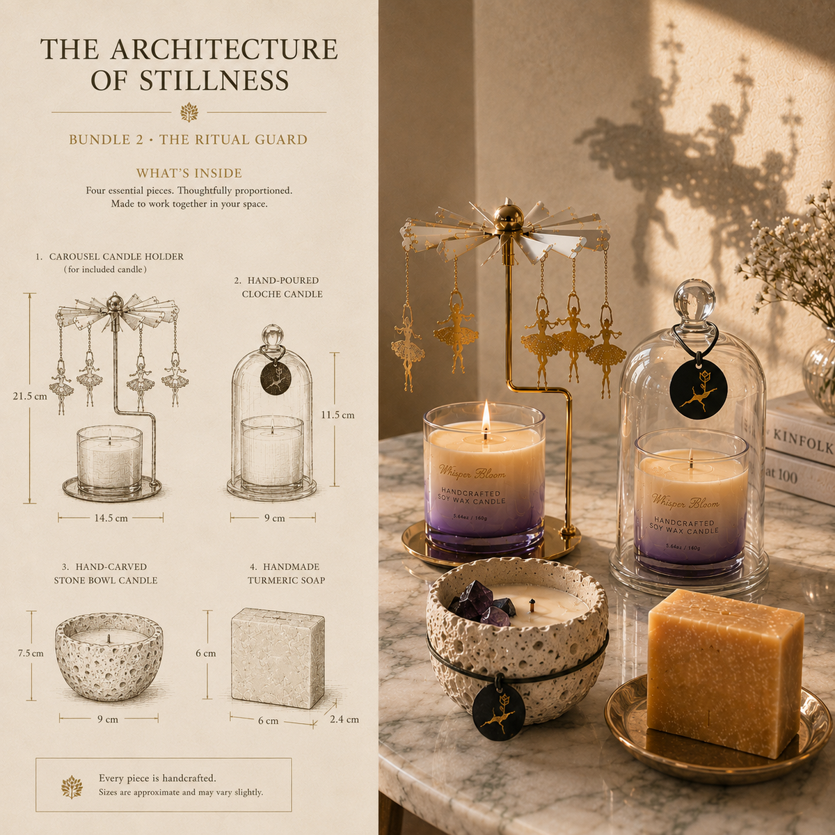 The Architecture of Stillness bundle scale graphic for the carousel, cloche candle, stone bowl candle, and soap