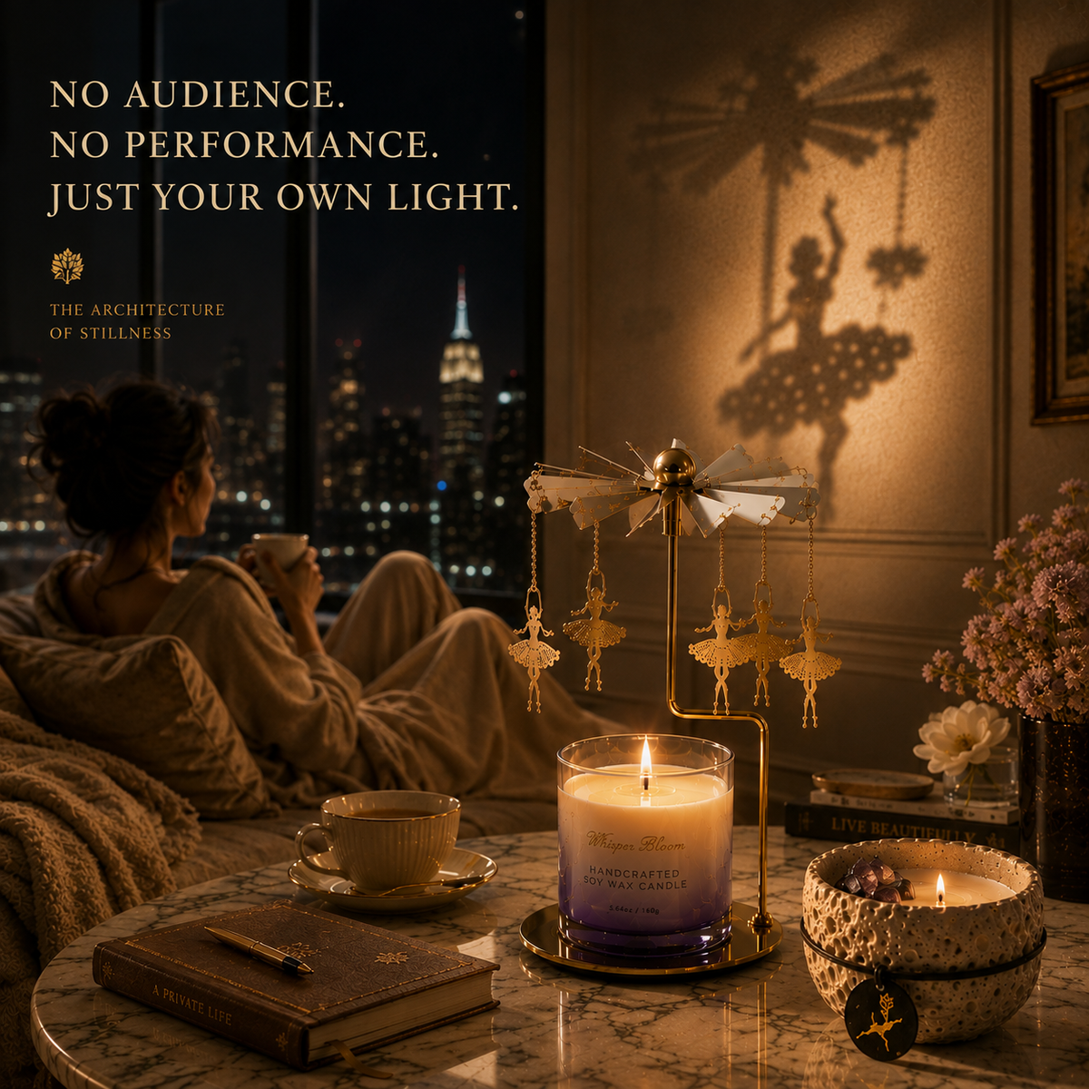 The Architecture of Stillness woman relaxing by a city window with the lit gift set