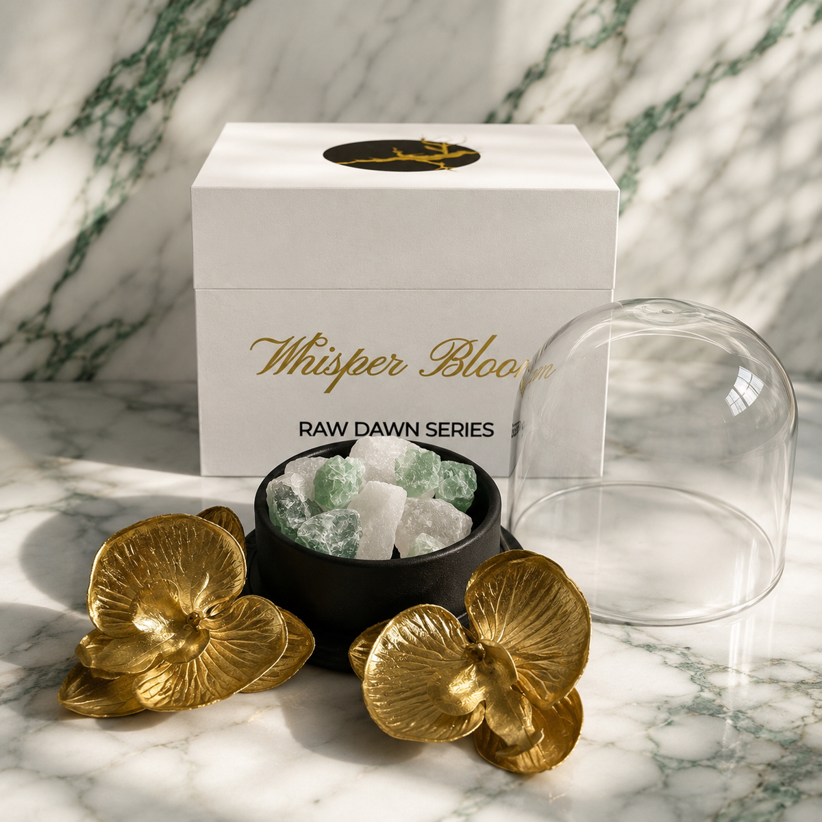 Oriental Gardenia Crystal Diffuser green and white raw crystal diffuser with glass dome, box, and gold-tone flowers