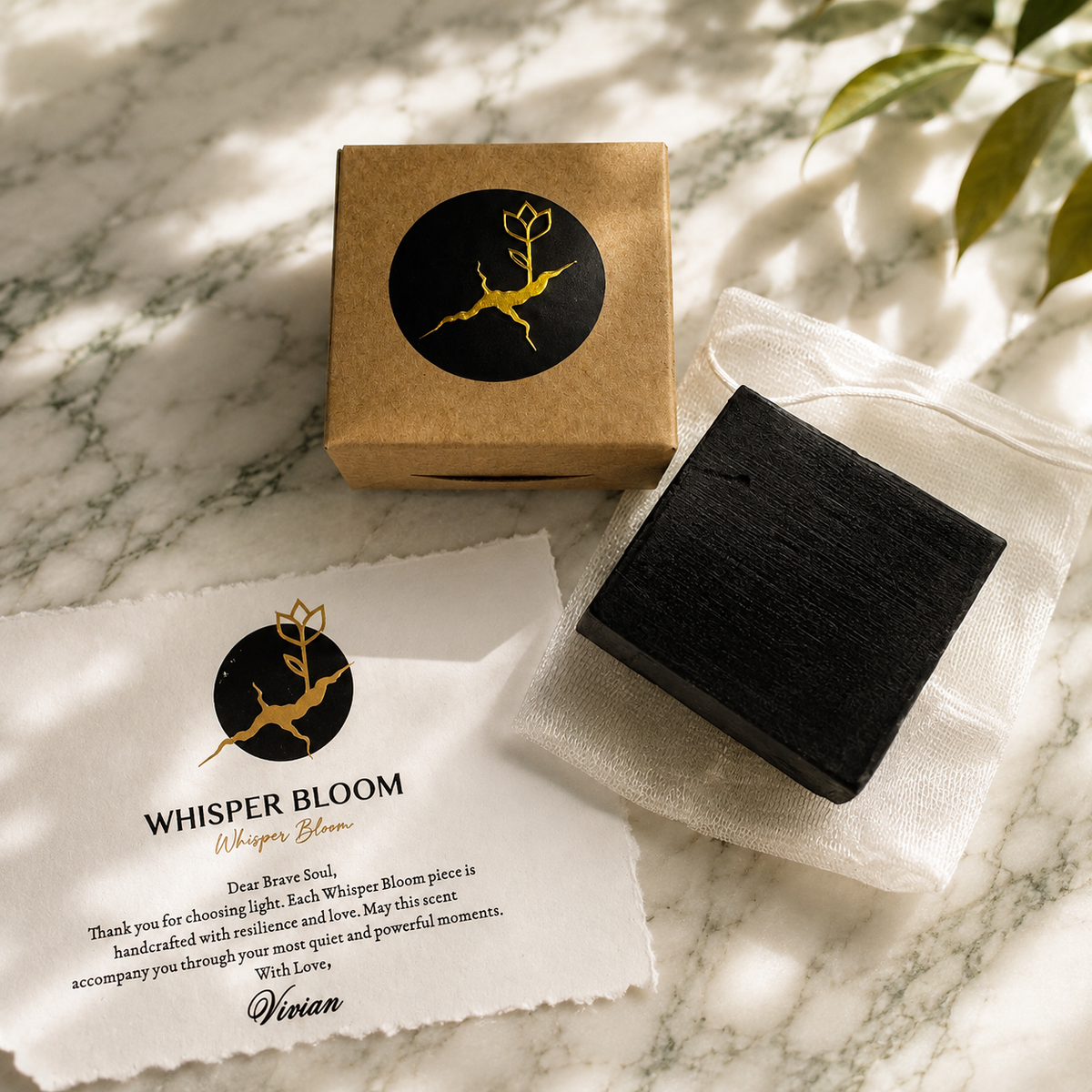 Charcoal Purify — The Vacuum black square soap with kraft box, cotton pouch, and handwritten note