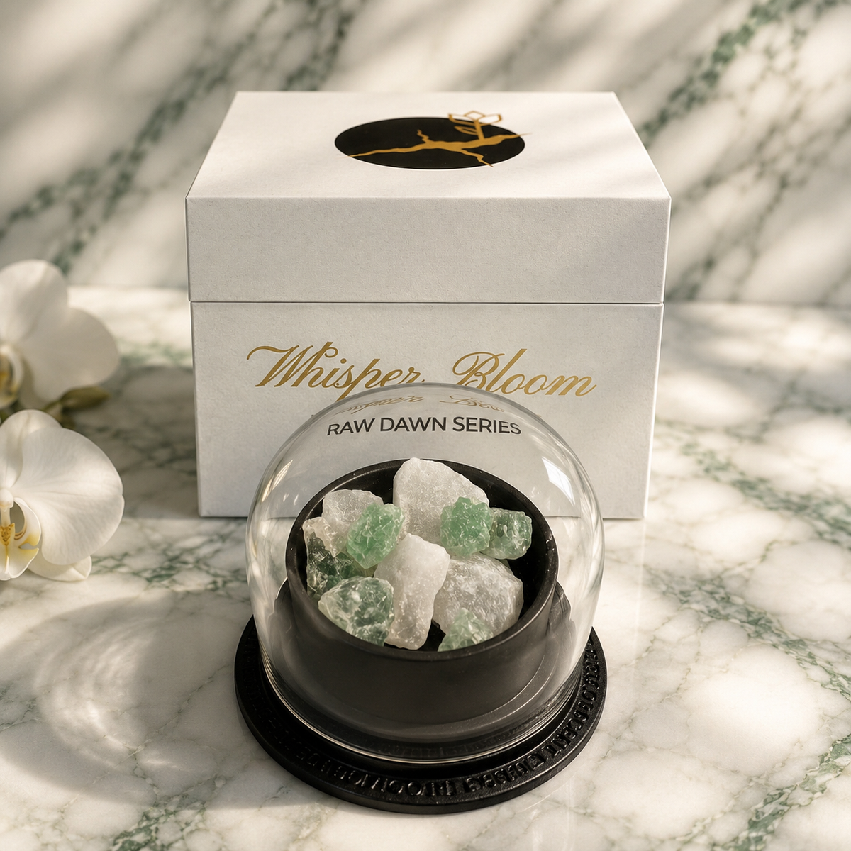 Oriental Gardenia Crystal Diffuser displayed under its clear glass dome beside the presentation box
