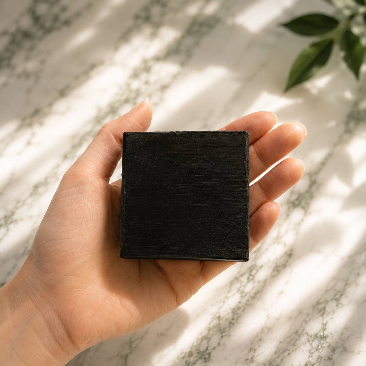 Charcoal Purify — The Vacuum black square soap held in a woman's hand