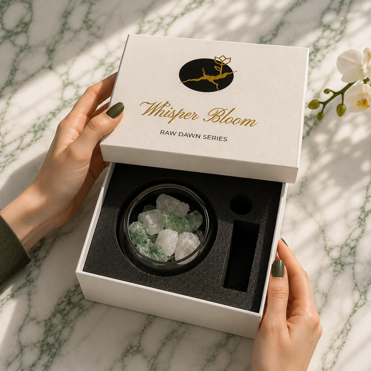Oriental Gardenia Crystal Diffuser green and white crystals nested inside an open presentation box