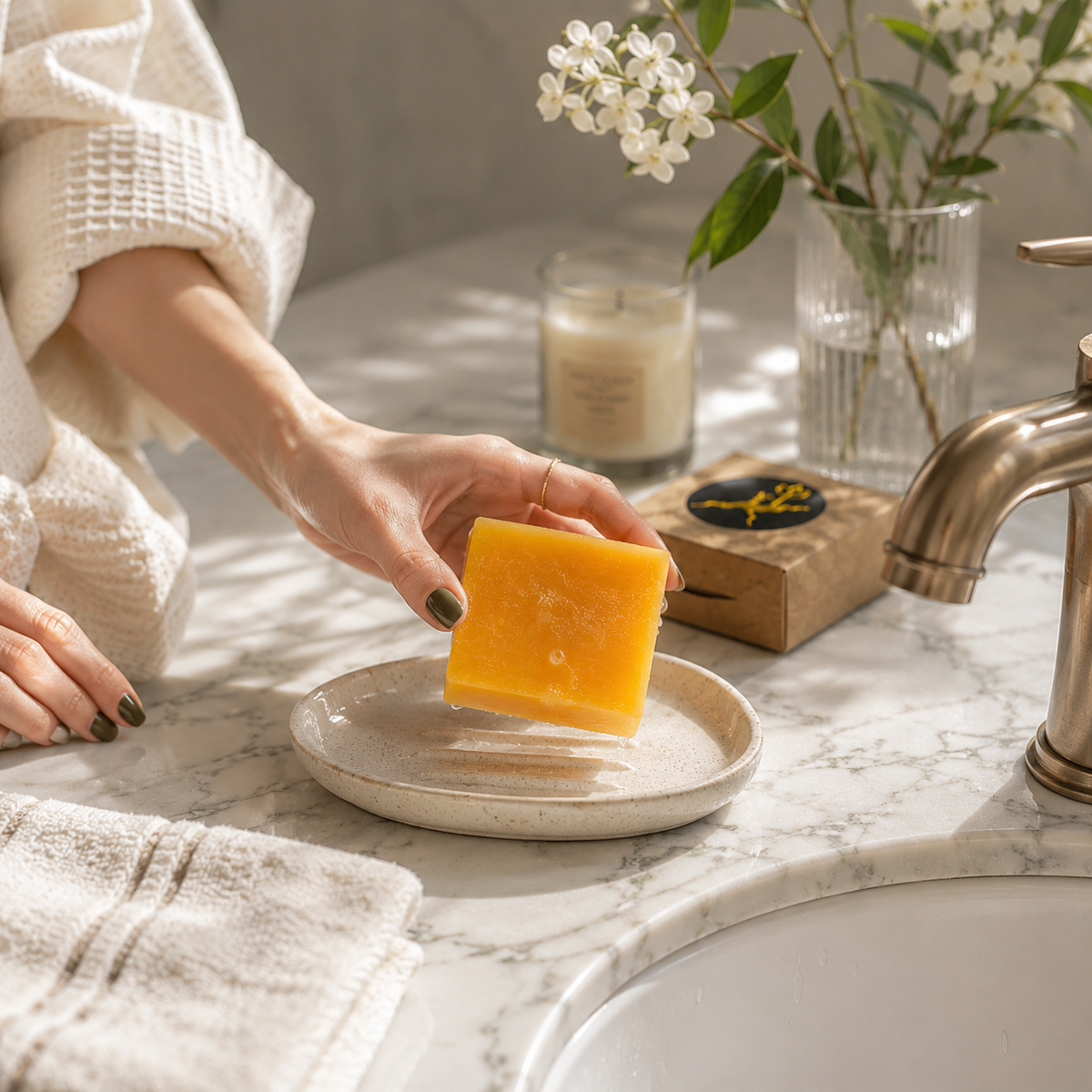 Golden Turmeric — The Radiant Dawn orange-yellow soap being rinsed under a bathroom faucet