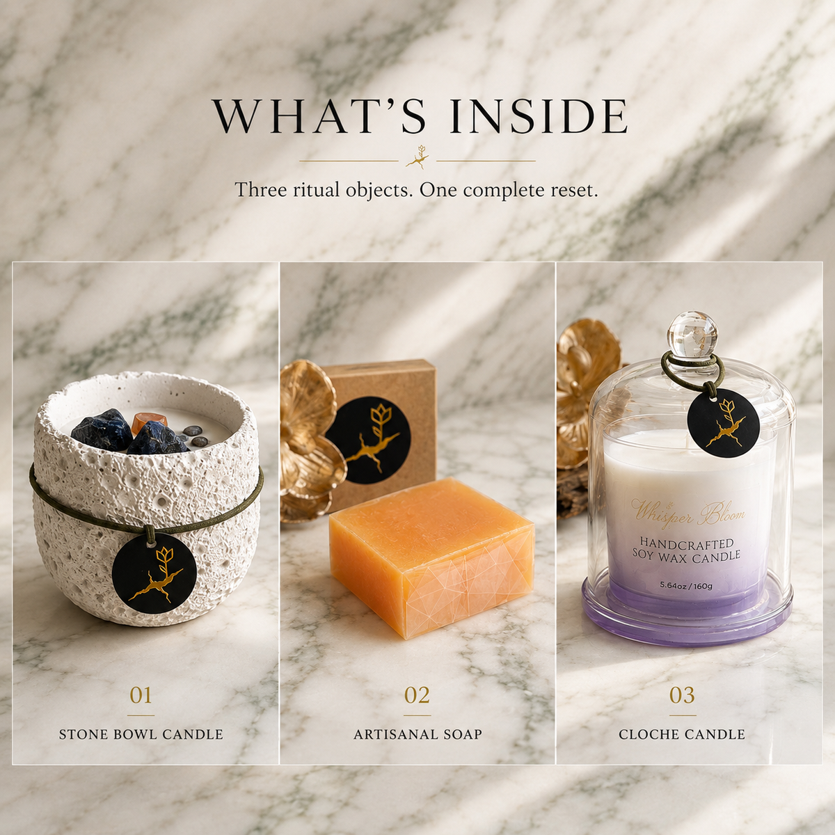 The Sacred Reset— A Ritual of Letting Go contents graphic showing the stone bowl candle, orange soap, and cloche candle