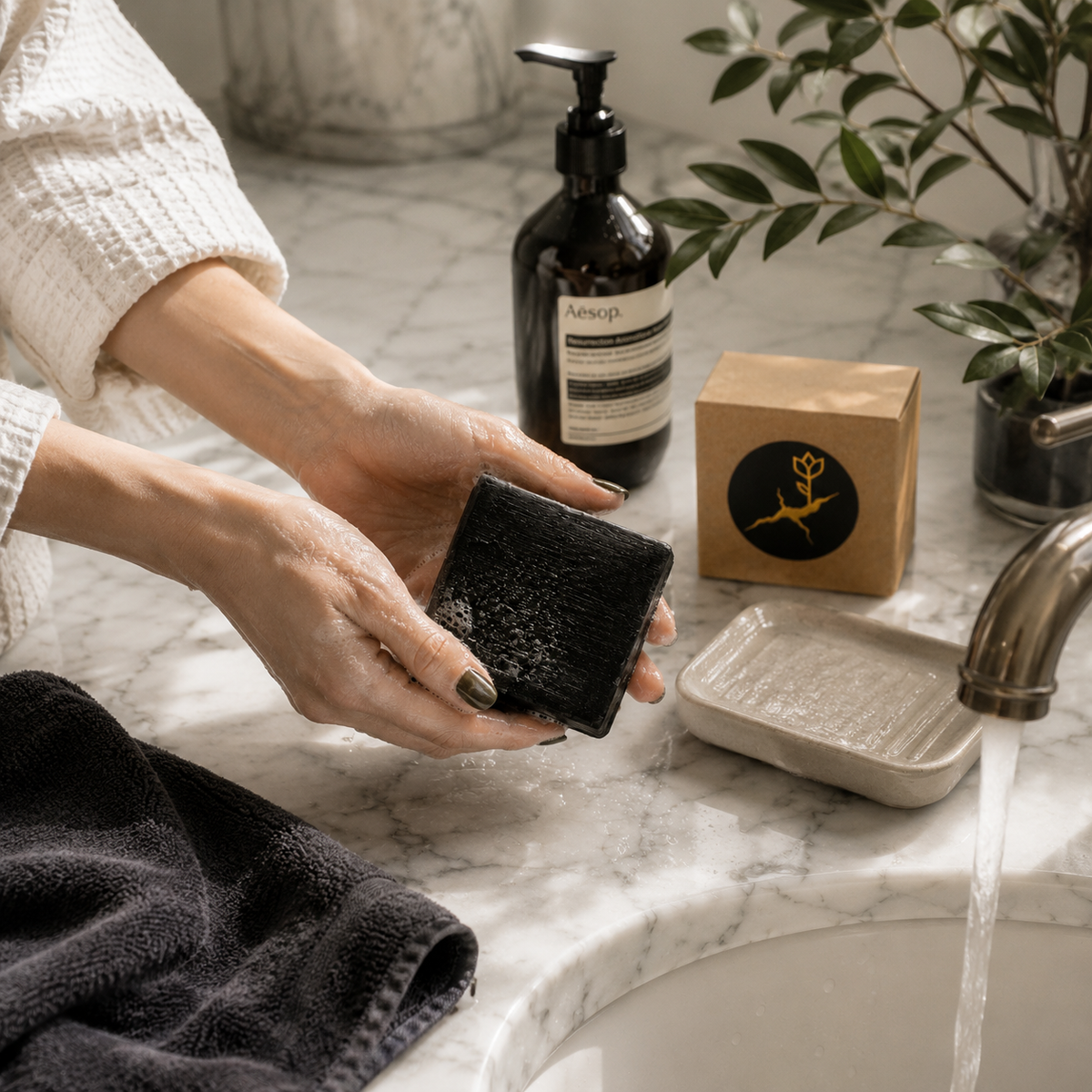 Charcoal Purify — The Vacuum black soap being rinsed under a bathroom faucet