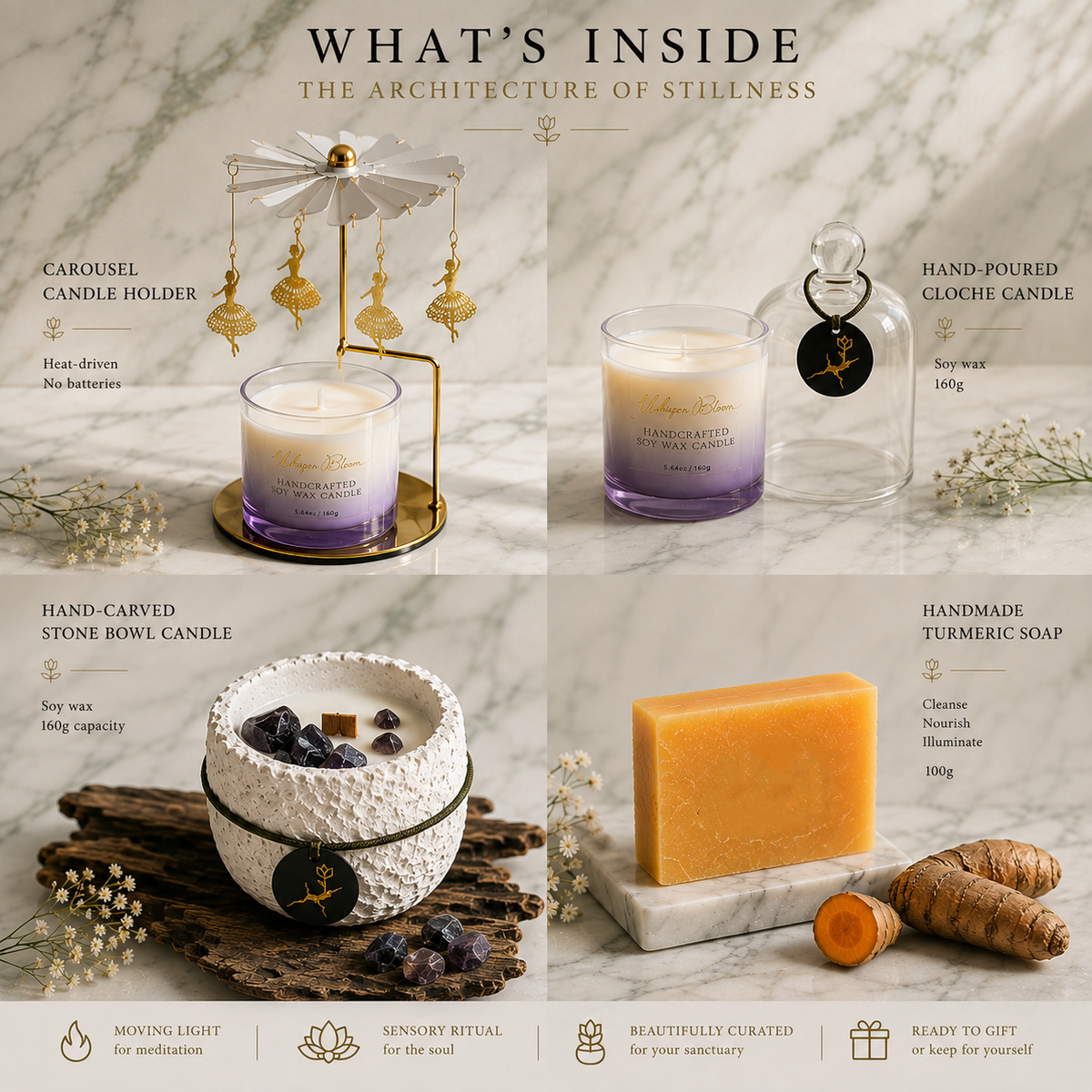 The Architecture of Stillness contents graphic showing the carousel, two candles, and orange soap