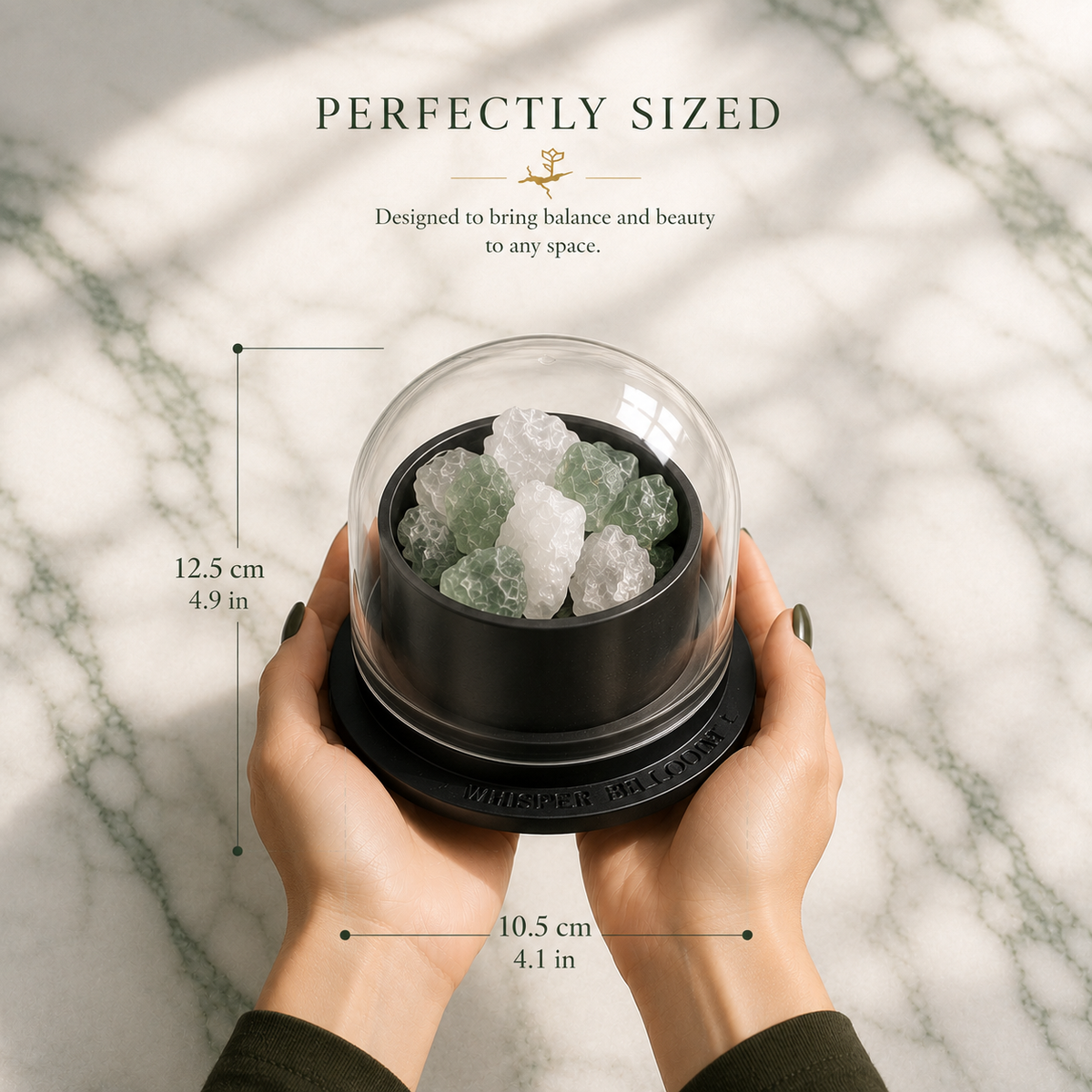 Oriental Gardenia Crystal Diffuser glass-dome diffuser held in both hands with size measurements