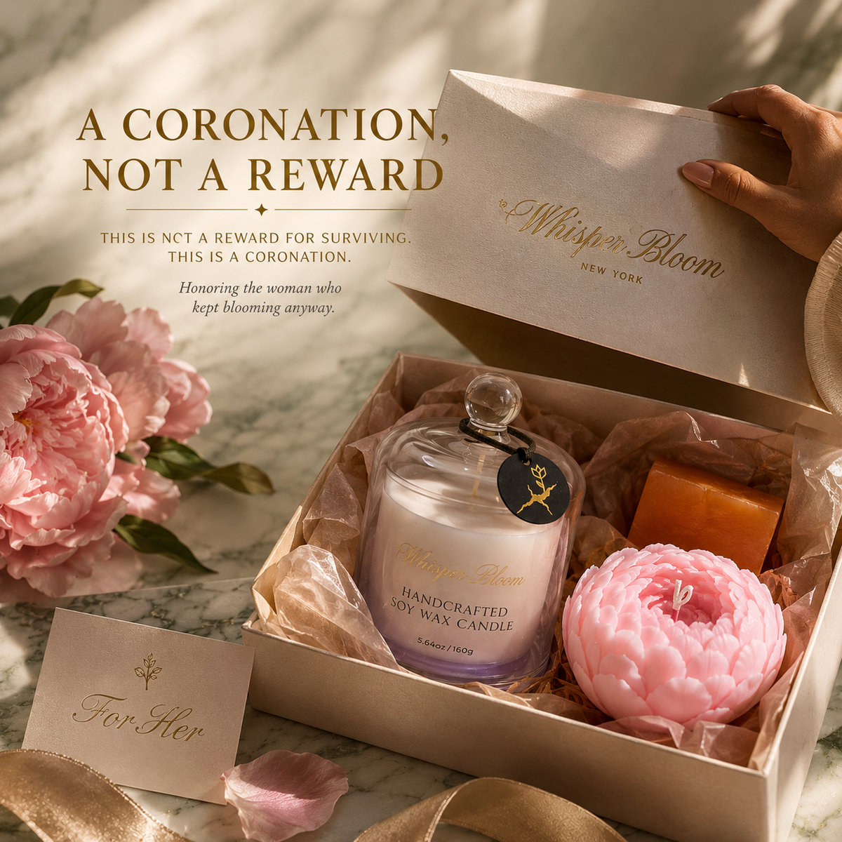 The Grace of Enduring Strength open gift box holding the purple cloche candle, pink candle, and orange soap