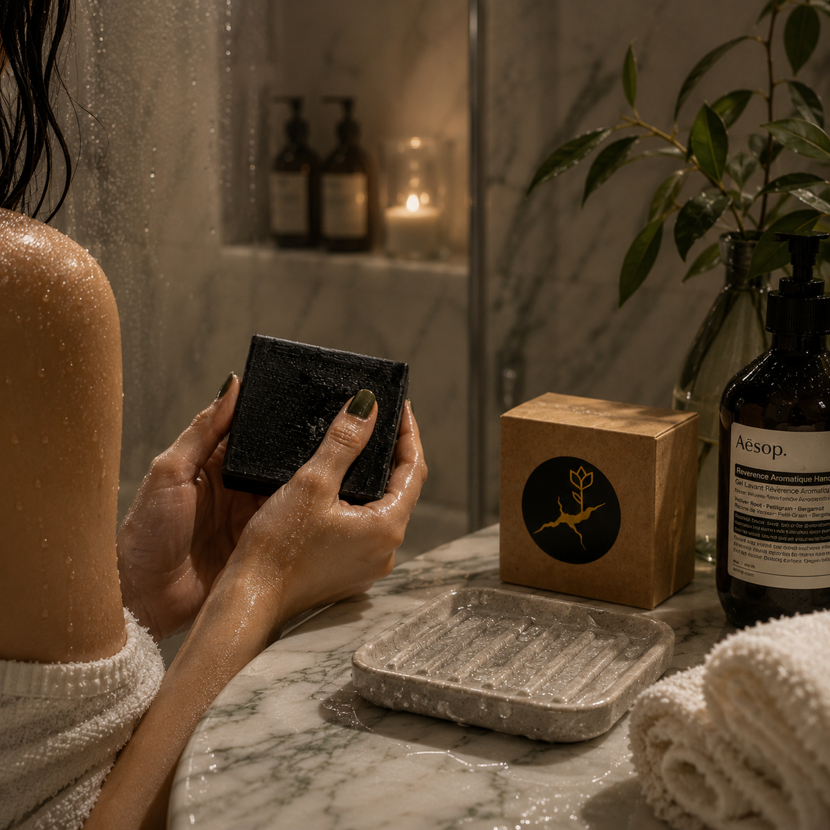 Charcoal Purify — The Vacuum black soap held during an evening bathroom cleansing ritual