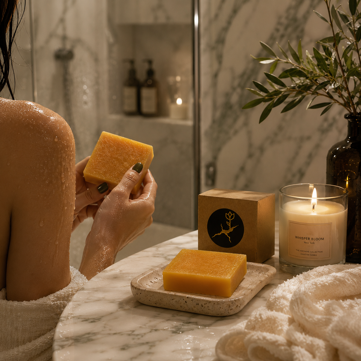 Golden Turmeric — The Radiant Dawn orange-yellow soap held during an evening bathroom cleansing ritual
