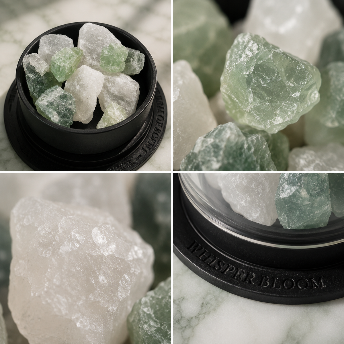 Oriental Gardenia Crystal Diffuser detail collage of green and white crystals, black base, dome, and box