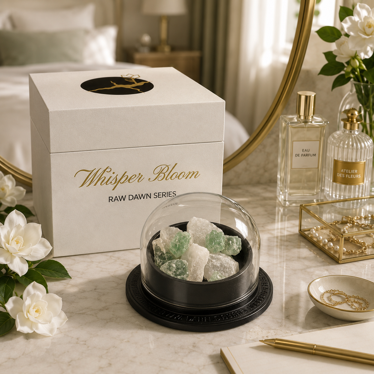 Oriental Gardenia Crystal Diffuser styled on a vanity beside flowers, perfume bottles, and its box