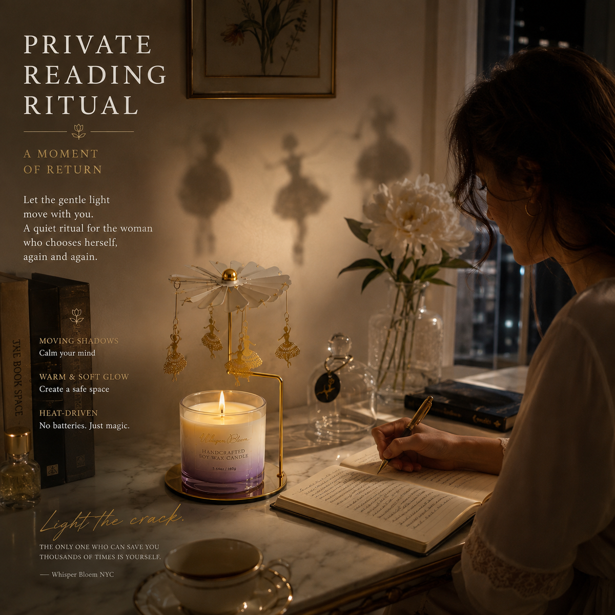 The Architecture of Stillness gift set carousel and candle beside a woman reading and journaling