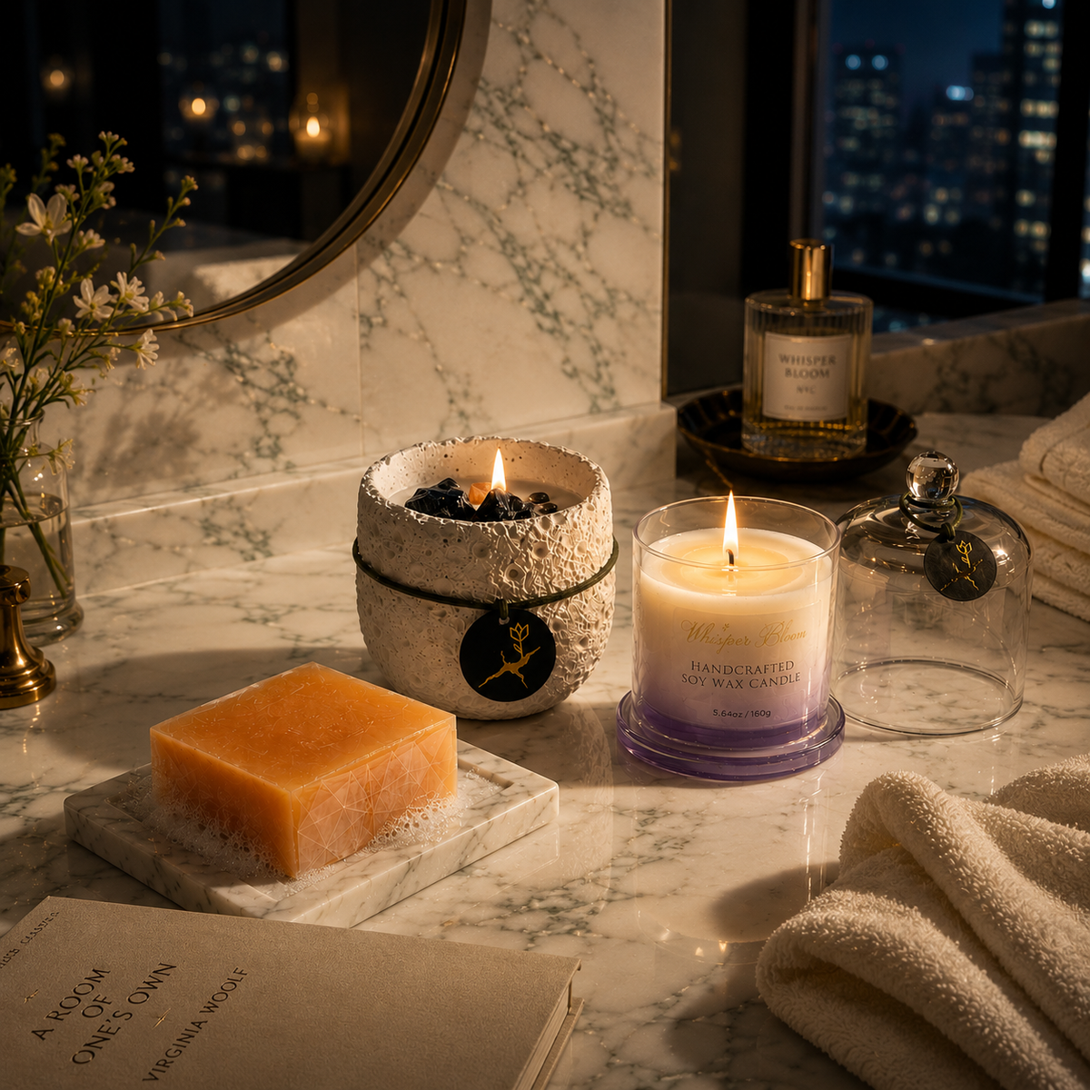 The Sacred Reset— A Ritual of Letting Go soap and two lit candles arranged on a bathroom vanity at night