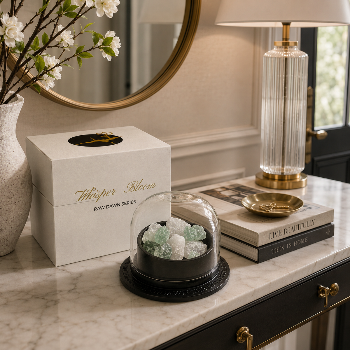 Oriental Gardenia Crystal Diffuser displayed on a dresser beneath a round mirror