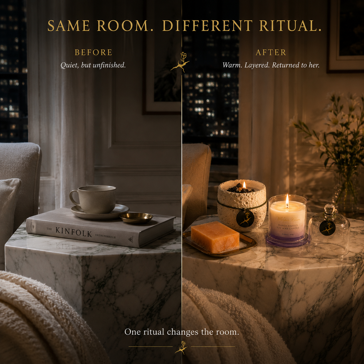The Sacred Reset— A Ritual of Letting Go before-and-after room graphic with the three lit ritual objects