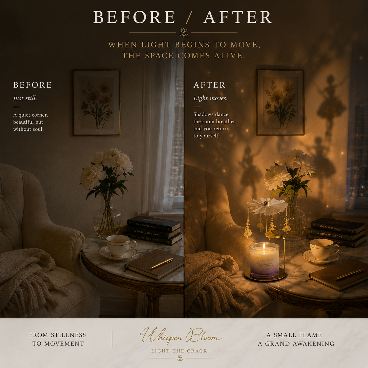 The Architecture of Stillness before-and-after room graphic showing moving candlelight shadows