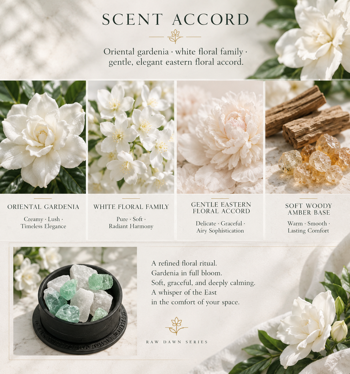 Oriental Gardenia Crystal Diffuser scent accord graphic with gardenia, white flowers, peony, and amber