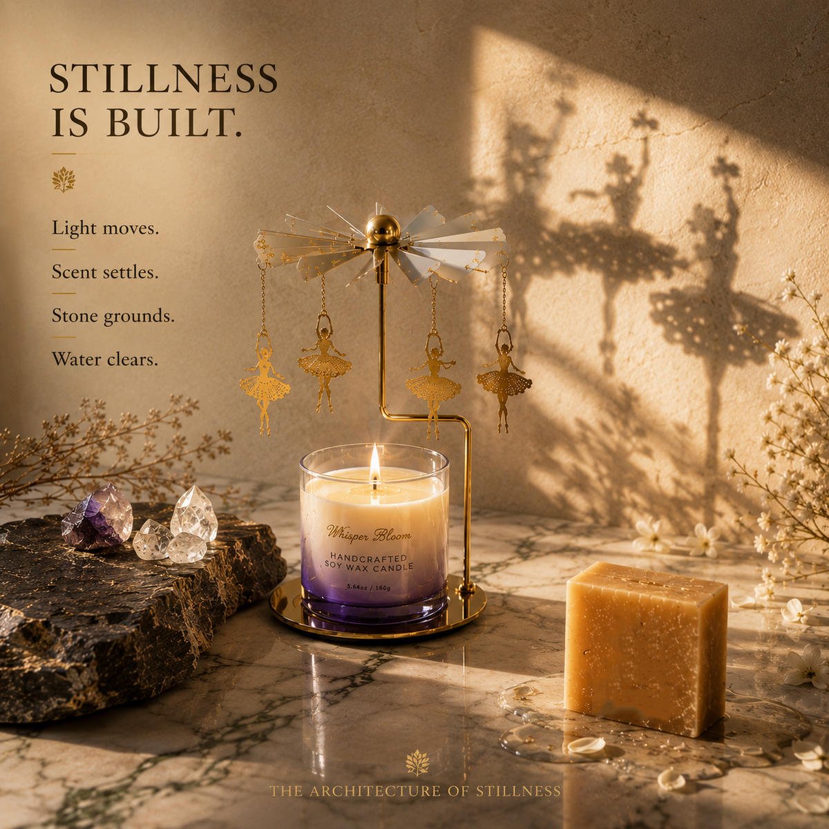 The Architecture of Stillness lit carousel and candles casting shadows beside an orange soap bar