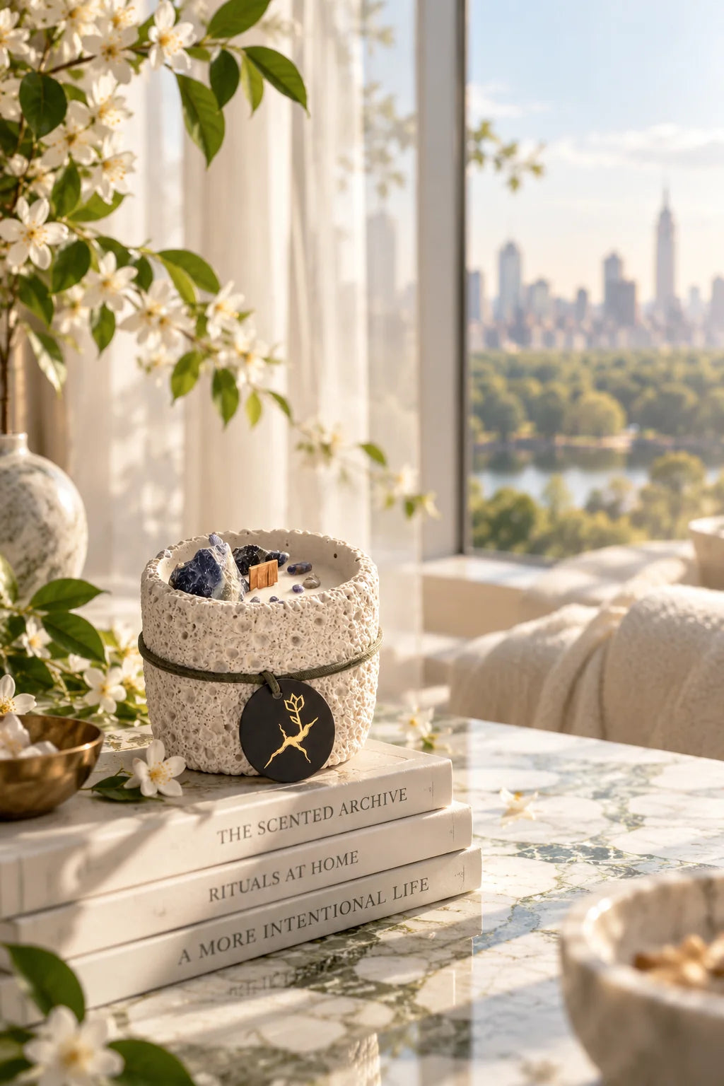 A Whisper Bloom stone-textured candle with sodalite crystals and a gold kintsugi tag, on a marble table beside a window over Central Park